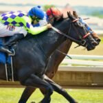 A pair of jockeys riding horses Description automatically generated