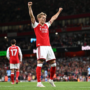 Martin Odegaard celebrates after scoring Arsenal's third goal during the 3-0 Premier League victory over Coventry City at the Emirates Stadium.