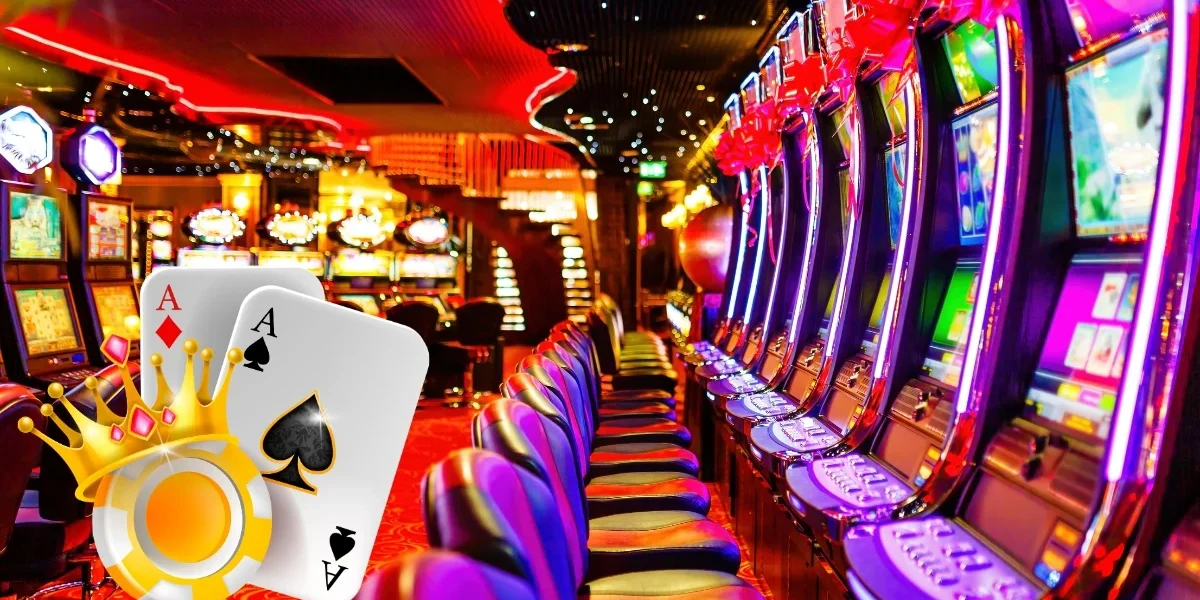 Casino slot machine aisle with overlay of Ace cards, a gold crown, and poker chips.